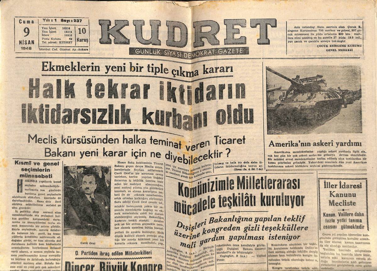 Kudret Gazetesi 9 Nisan 1948 - Amerika'nın Askeri Yardımı - Komünizmle Milletlerarası Mücadele Teşkilatı Kuruluyor - Amerika'da Harp Hazırlıkları Var GZ141414 - 1