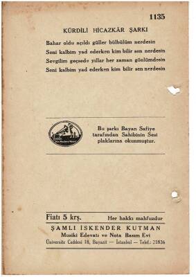 Kurdili Hicazkar - Bahar Oldu Açıldı Güller Nota Kitapçığı EFM1989 - 2
