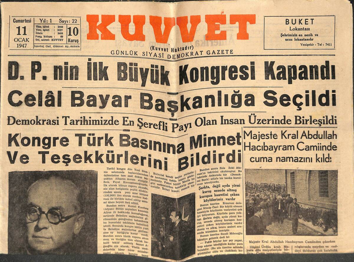 Kuvvet Gazetesi 11 Ocak 1947 - Celal Bayar Başkanlığa Seçildi - Nurettin İnen Milletvekilliğine Nasıl Seçildi? GZ142494 - 1