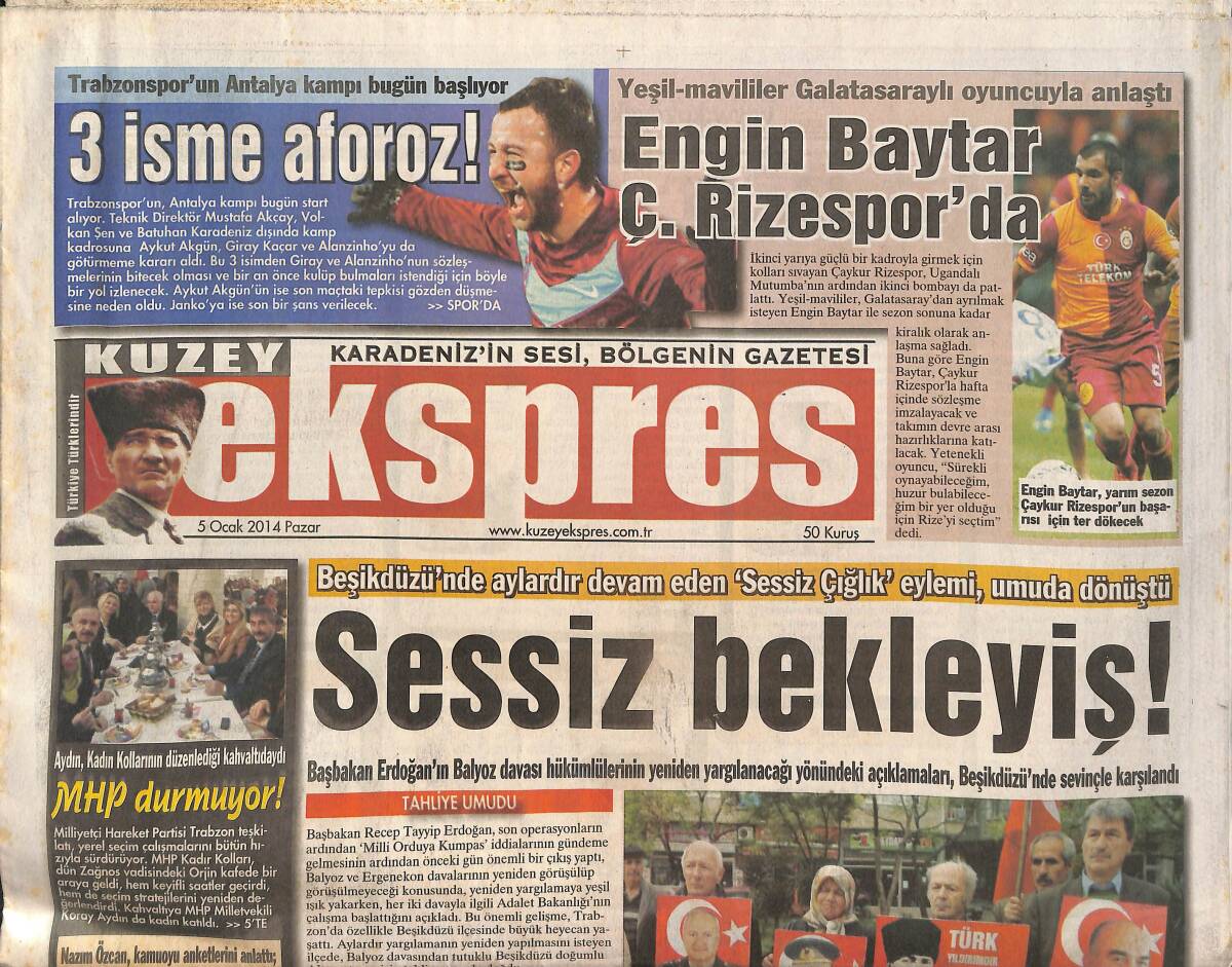 Kuzey Ekspres Gazetesi 5 Ocak 2014 - Engin Baytar Ç. Rizespor'da - 112'de İsyan - Ziraat Mühendisleri Özlük Hakkı Arıyor GZ136161 - 1
