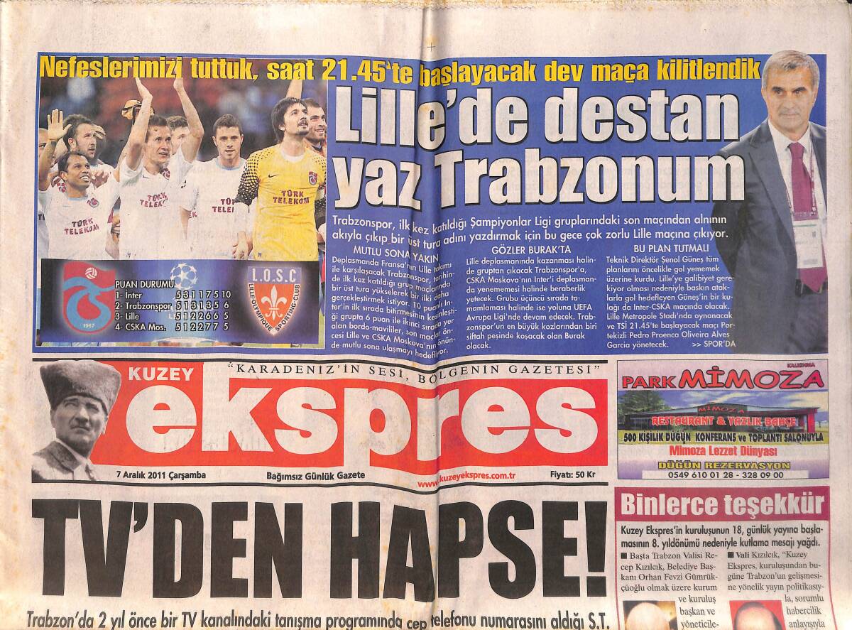 Kuzey Ekspres Gazetesi 7 Aralık 2011 - Trabzonspor Dev Maça Çıkıyor - Rize'de Diş Protezi Sokaktan Geçen Kızı Yaraladı GZ158626 - 1