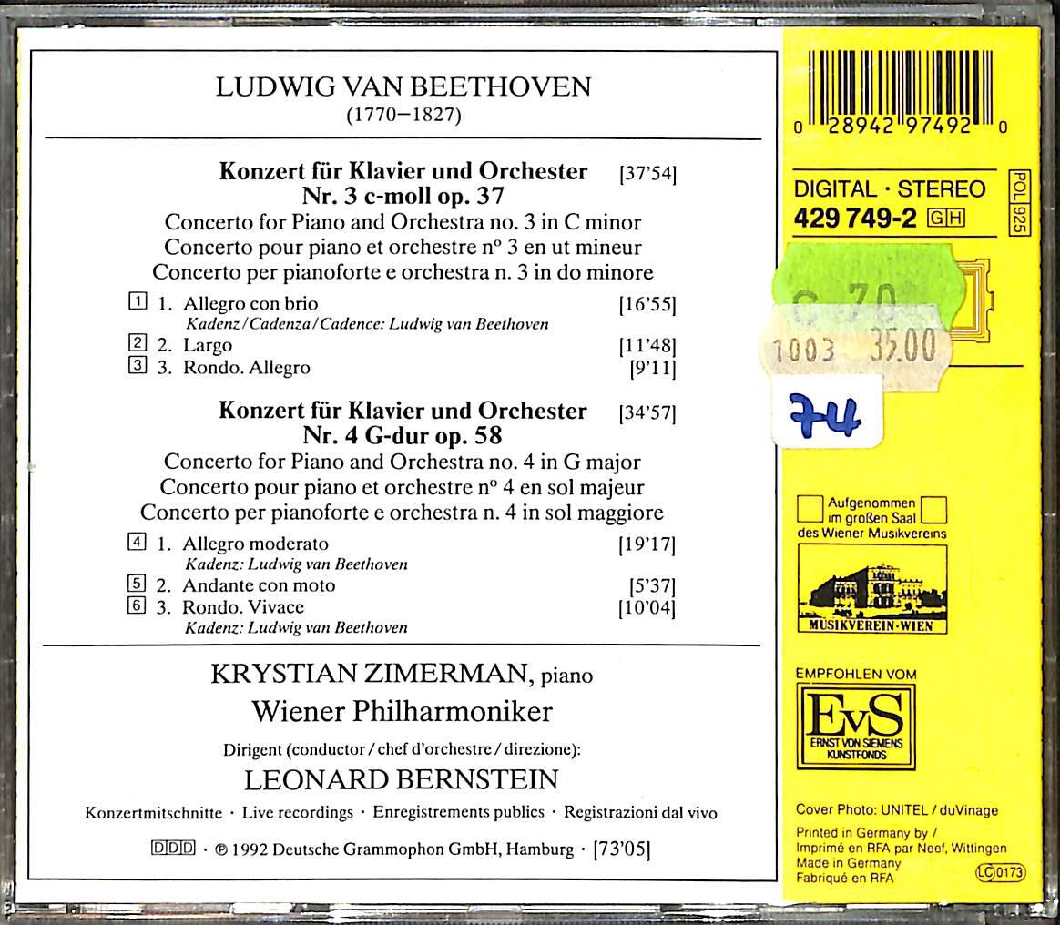 Ludwig van Beethoven, Krystian Zimerman, Wiener Philharmoniker, Leonard Bernstein - Klavierkonzerte = Piano Concertos Nos. 3 & 4 CD (İkinci El) CD4291 - 2