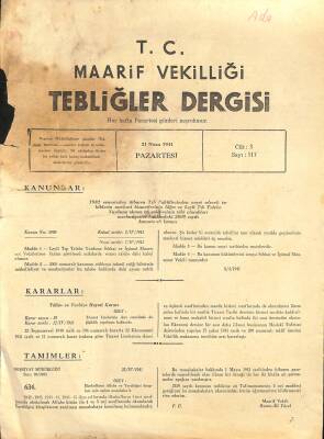 Maarif Vekilliği Tebliğler Dergisi Sayı 117 21 Nisan 1941 EFM(N)12598 - 1