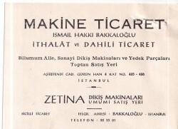 Makina Ticaret İsmail Hakkı Bakkaloğlu İthalat ve Dahili Ticaret ZETİNA Dikiş Makinaları Umumi Satış Yeri İstanbul İşyeri Kartvizit - Gökçekoleksiyon