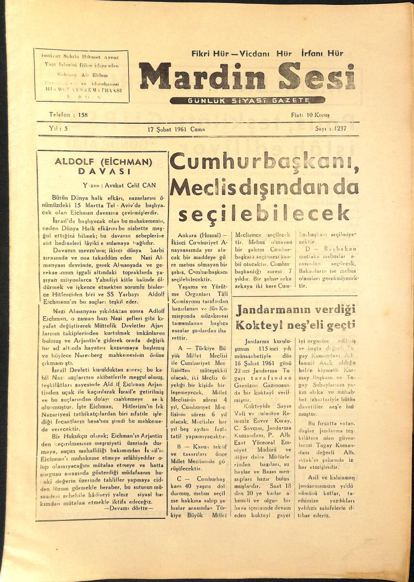 Mardin Sesi 17 Şubat 1961 - Cumhurbaşkanı Meclis Dışından Da Seçilebilecek - Aldolf Davası GZ154434 - 1