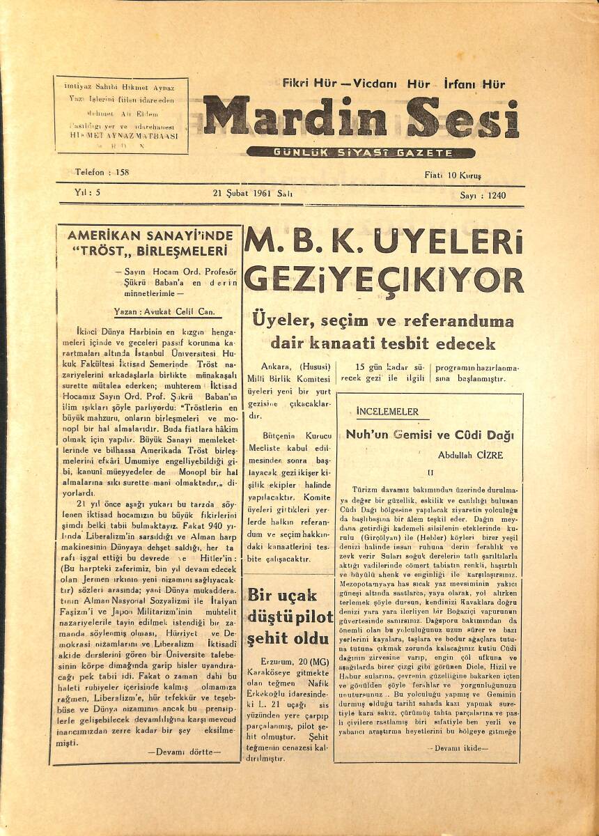 Mardin Sesi 21 Şubat 1961 - MBK Üyeleri Geziye Çıkıyor - Vergiler Hakkında Rapor Hazırlandı GZ154433 - 1