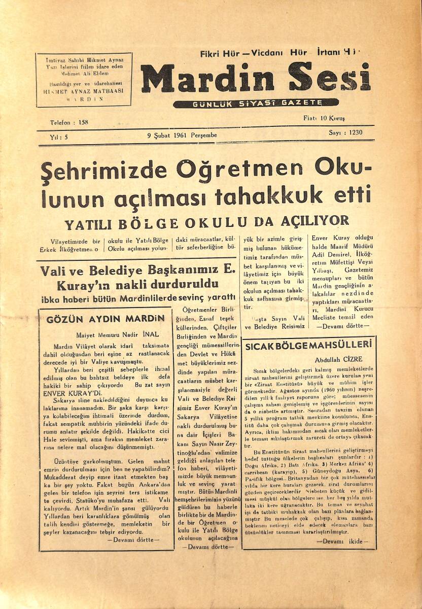 Mardin Sesi 9 Şubat 1961 - Vali Ve Belediye Başkanımız E. Kuray'ın Nakli Durduruldu - Şehrimizde Öğretmen Okulunun Açılması Tahakkuk Etti GZ154441 - 1