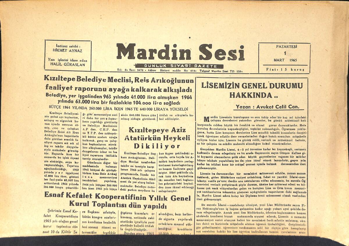 Mardin Sesi Gazetesi 1 Mart 1965 - Kızıltepeye Aziz Atatürk'ün Heykeli Dikiliyor GZ154048 - 1