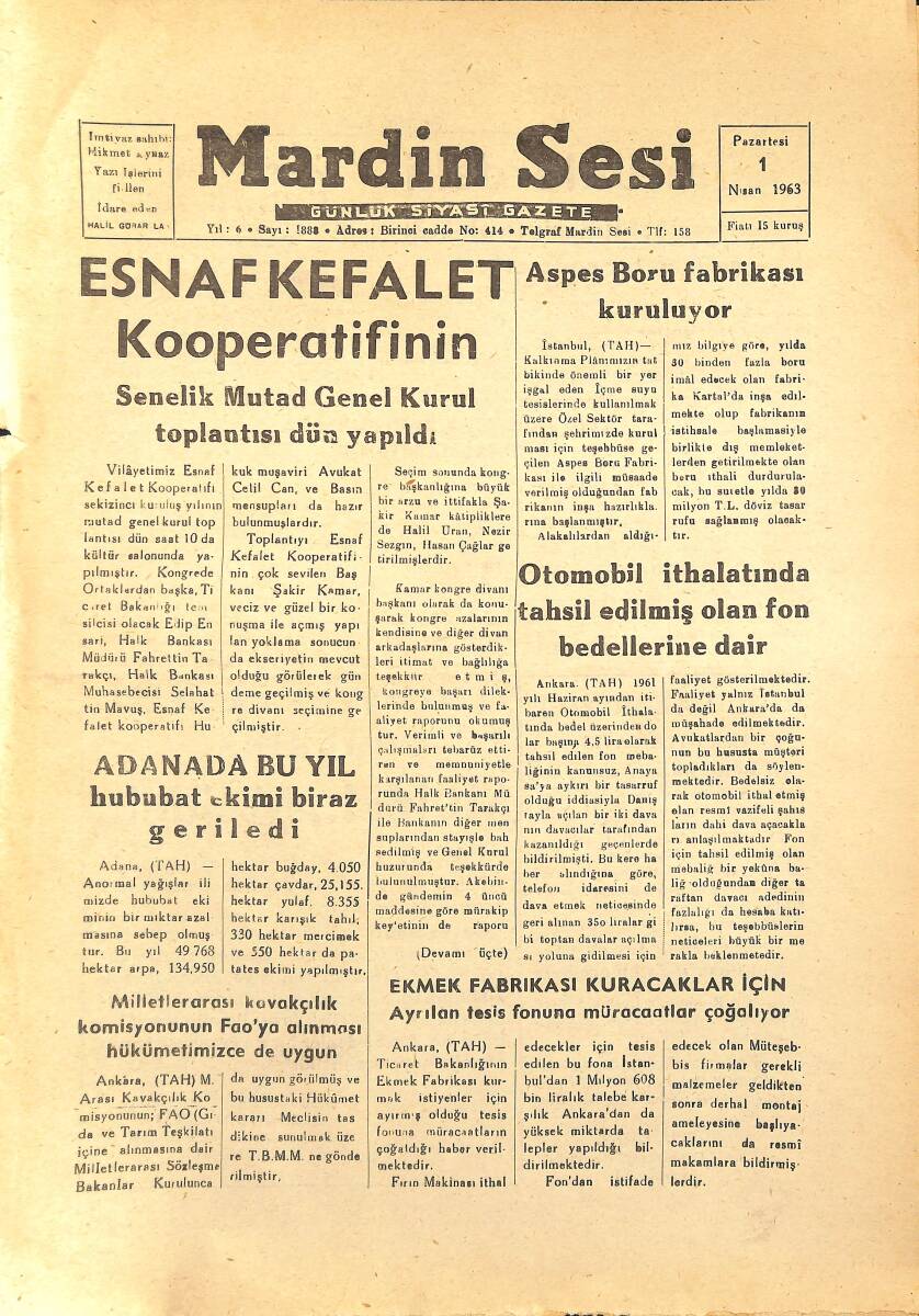 Mardin Sesi Gazetesi 1 Nisan 1963 - Otomobil İthalatında Tahsil Edilmiş Olan Fon Bedellerine Dair GZ154062 - 1