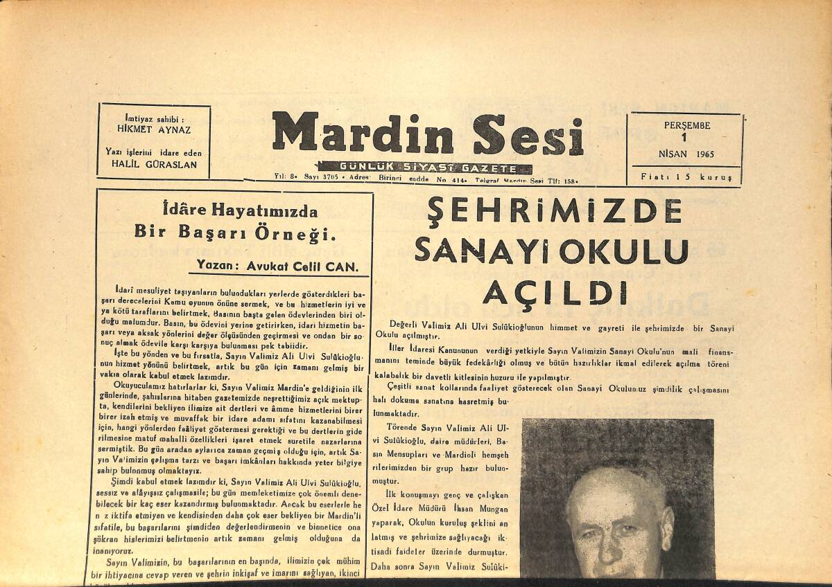 Mardin Sesi Gazetesi 1 Nisan 1965 - Şehrimizde Sanayi Okulu Açıldı - Milletvekilimiz Talat Oğuz Şehrimizde GZ154420 - 1