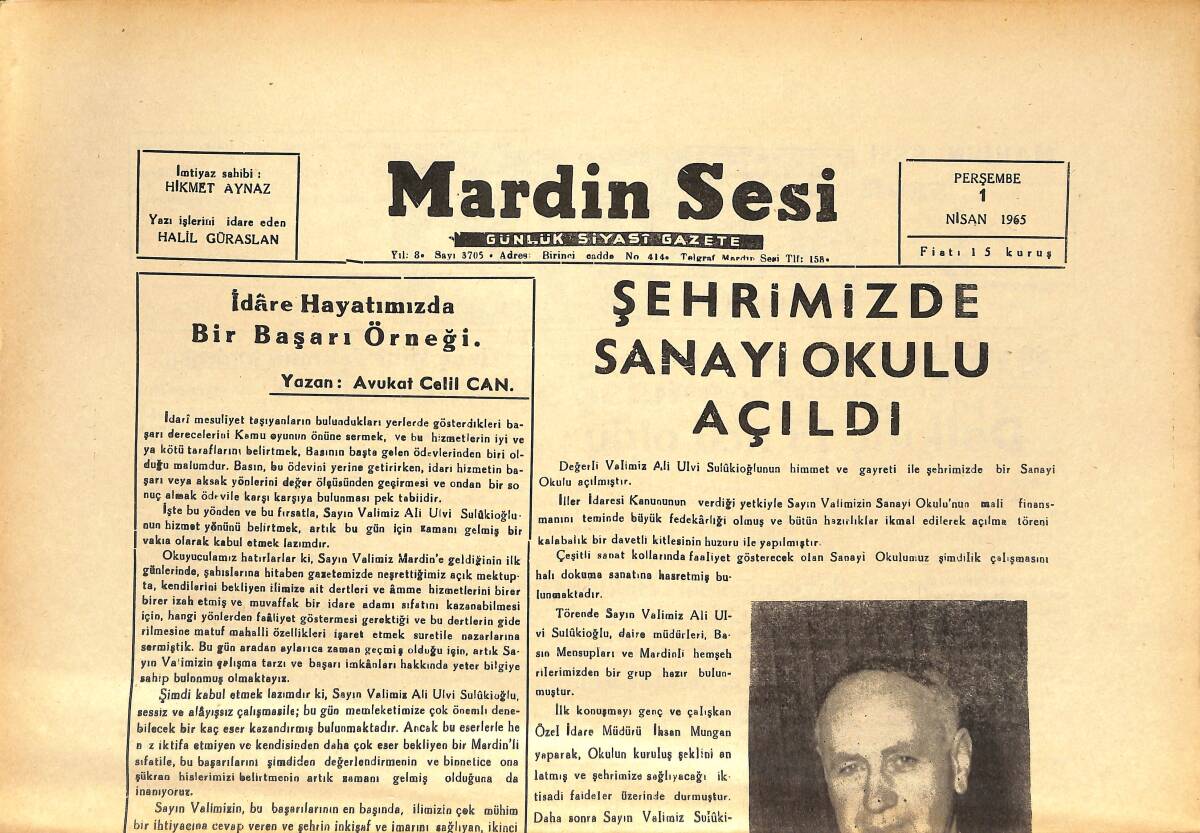 Mardin Sesi Gazetesi 1 Nisan 1965 - Şehrimizde Sanayi Yolu Açıldı - Nusaybin Pamuk Ekicilerine 50 Ton Pamuk Tohumu Tahsis Edildi GZ136588 - 1