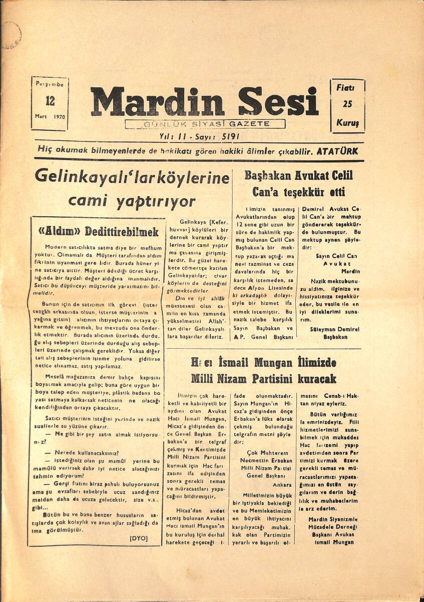 Mardin Sesi Gazetesi 12 Mart 1970 - Gelinkayalılar Köylerine Cami Yaptırıyor - Başbakan Avukat Celil Can'a Teşekkür Etti GZ136572 - 1