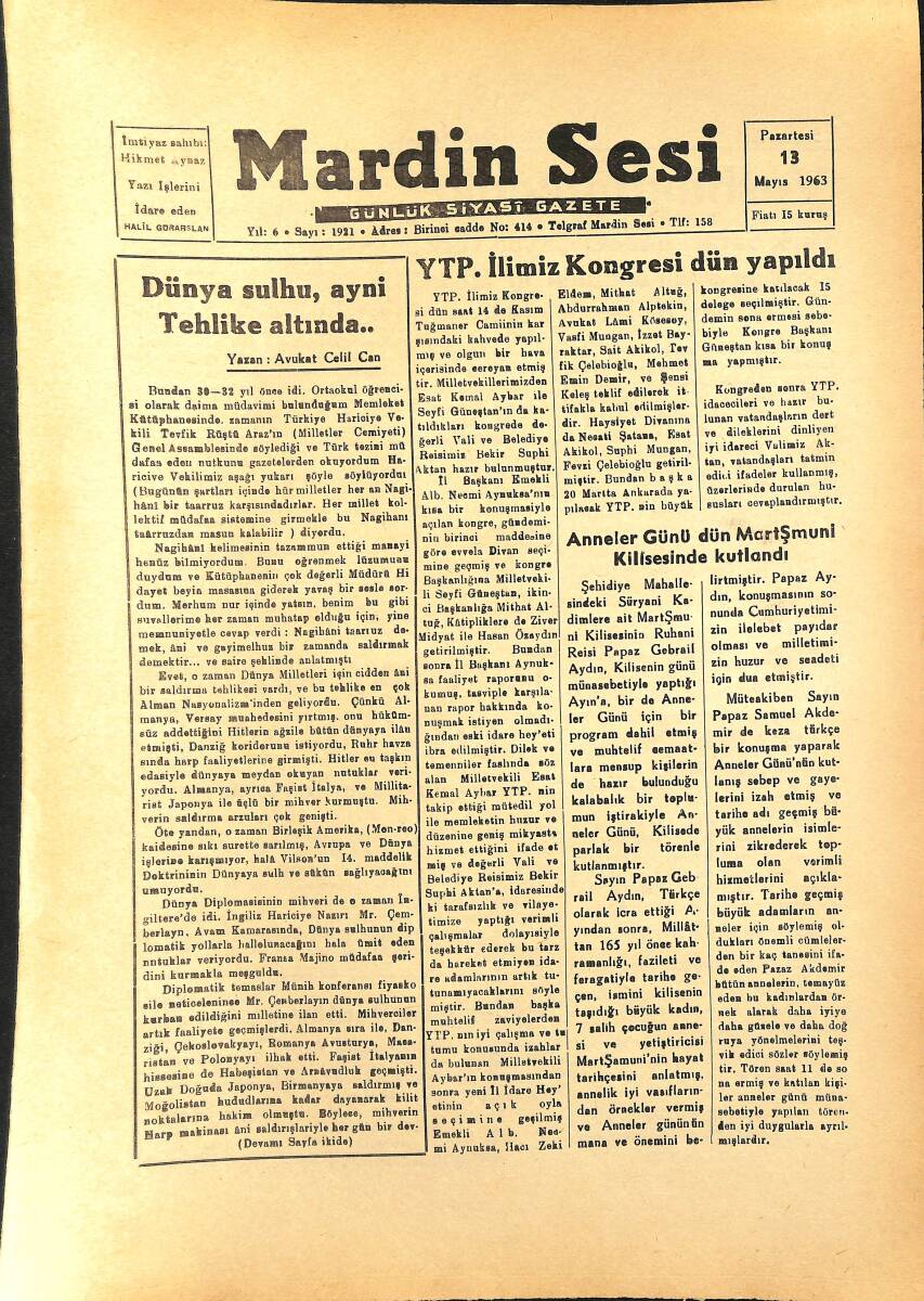 Mardin Sesi Gazetesi 13 Mayıs 1963 - YTP İlimiz Kongresi Dün Yapıldı GZ154056 - 1