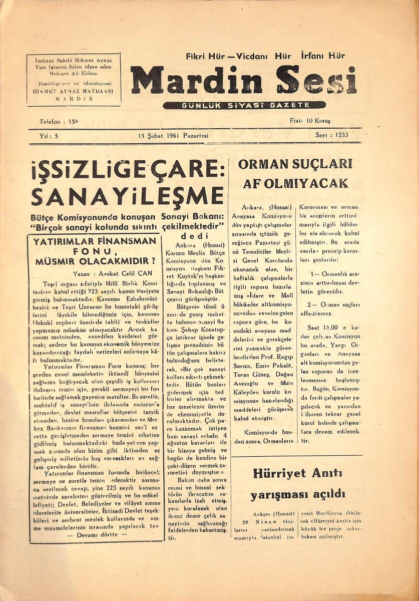 Mardin Sesi Gazetesi 13 Şubat 1961 - Orman Suçları Af Olmayacak - Hürriyet Anıtı Yarışması Açıldı GZ136581 - 1