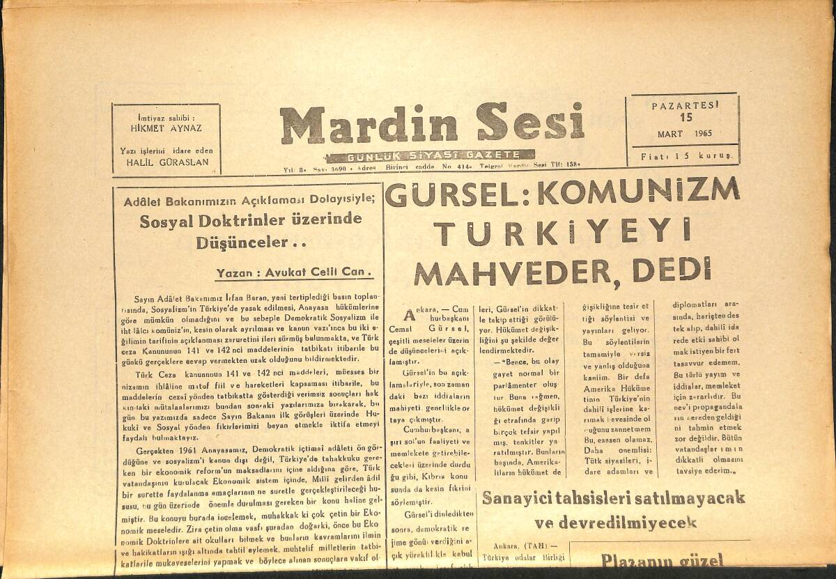 Mardin Sesi Gazetesi 15 Mart 1965 - Güney Doğu Kır Koşusu Gurup Birincilikleri Yapıldı - Gürsel: Komunizm Türkiyeyi Mahveder Dedi GZ136621 - 1