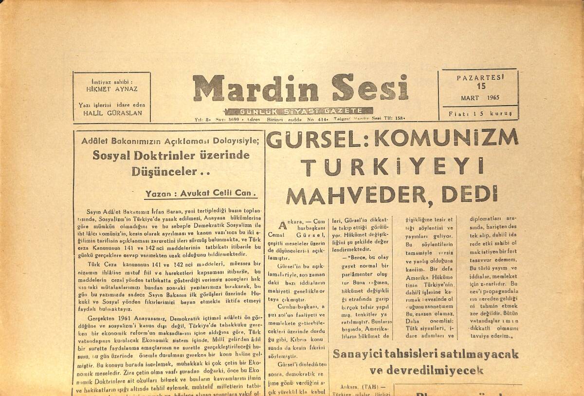 Mardin Sesi Gazetesi 15 Mart 1965 - Gürsel: Komünizm Türkiye'yi Mahveder - Sosyal Doktrinler Üzerinde Düşünceler GZ154411 - 1