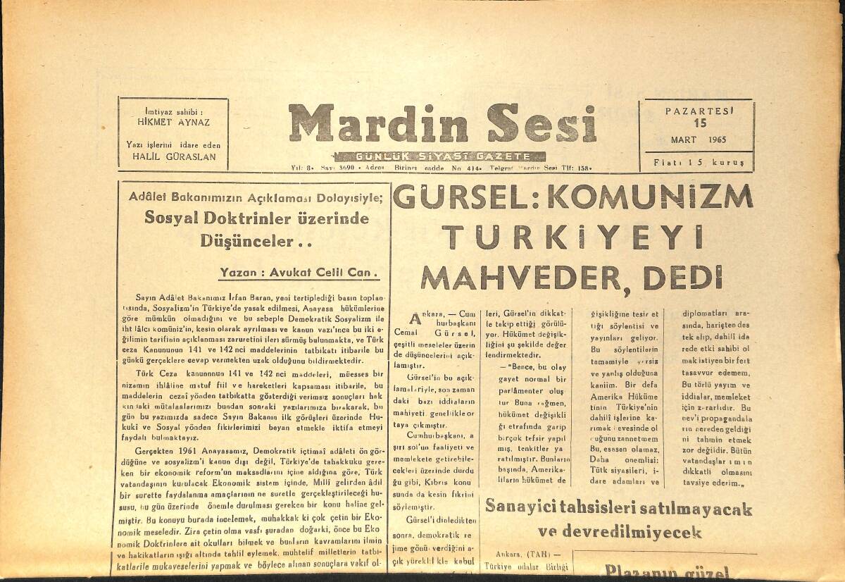 Mardin Sesi Gazetesi 15 Mart 1965 - Gürsel: Komünizm Türkiye'yi Mahveder - Sosyal Doktrinler Üzerinde Düşünceler GZ154415 - 1