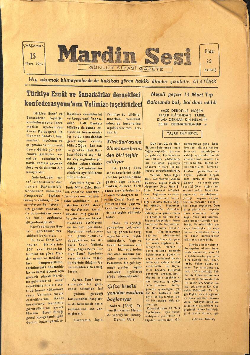 Mardin Sesi Gazetesi 15 Mart 1967 - Türkiye Esnaf Ve Sanatkarlar Dernekleri Konfederasyonu'nun Valimize Teşekkürleri GZ153740 - 1