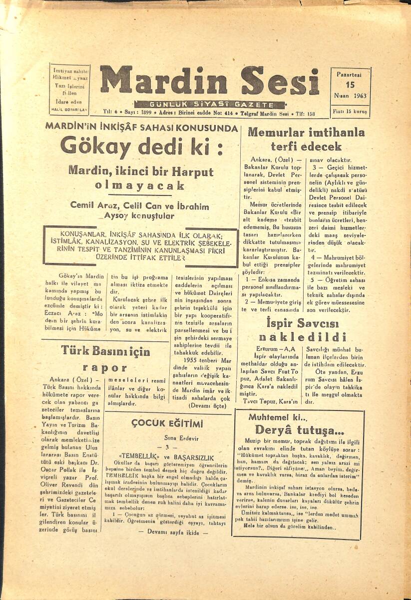 Mardin Sesi Gazetesi 15 Nisan 1963 - İspir Savcısı Nakledildi GZ154063 - 1