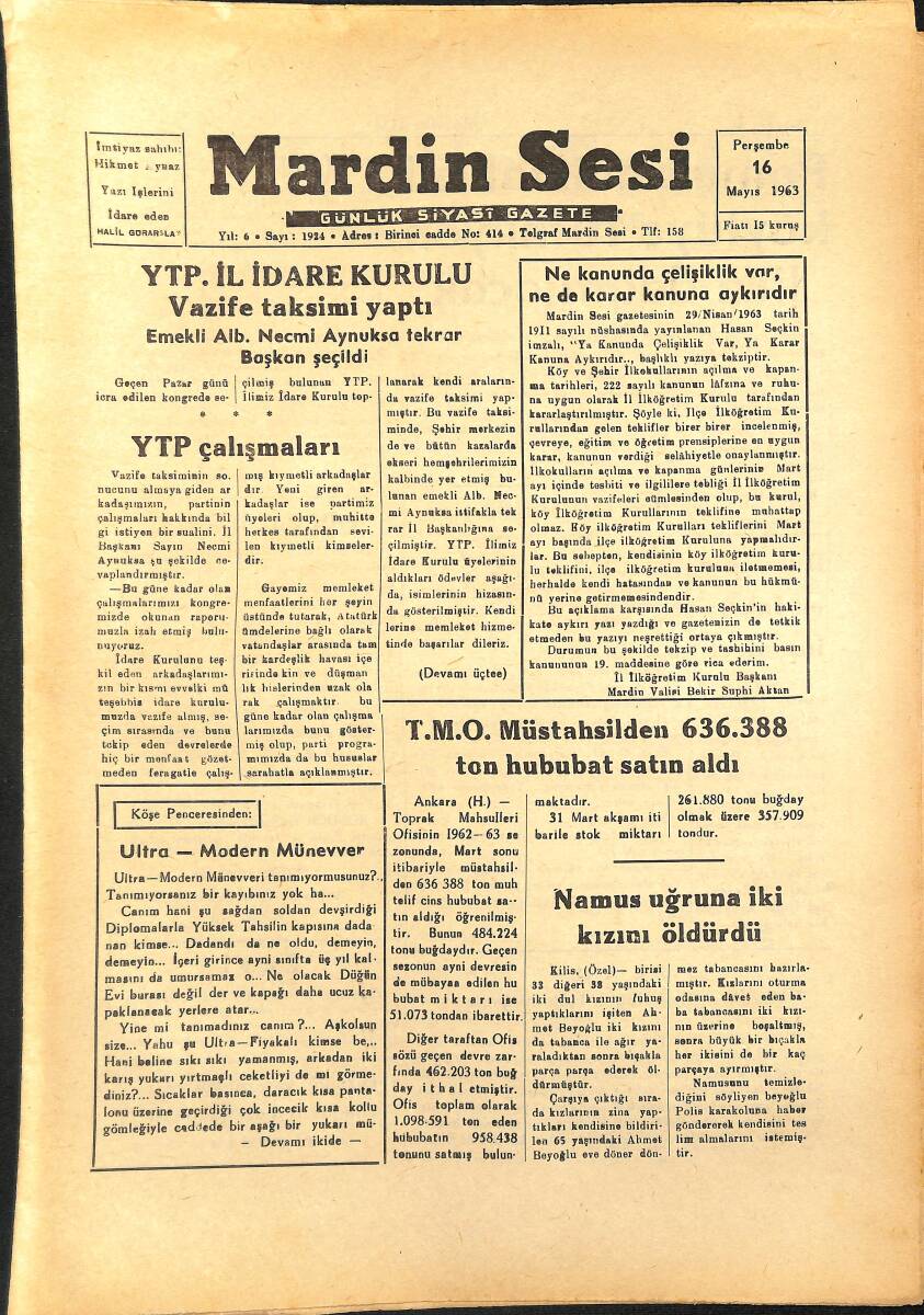 Mardin Sesi Gazetesi 16 Mayıs 1963 - TMO Müstahsilden 636.388 Ton Hububat Satın Aldı - Beşiktaş 2-1 Galatasaray GZ154407 - 1