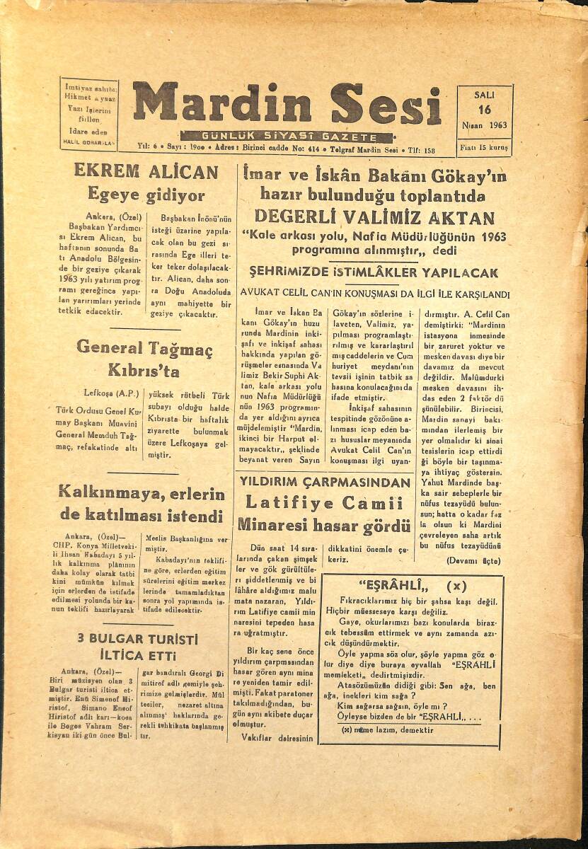 Mardin Sesi Gazetesi 16 Nisan 1963 - General Tağmaç Kıbrıs'ta - Ekrem Alican Ege'ye Gidiyor GZ154067 - 1