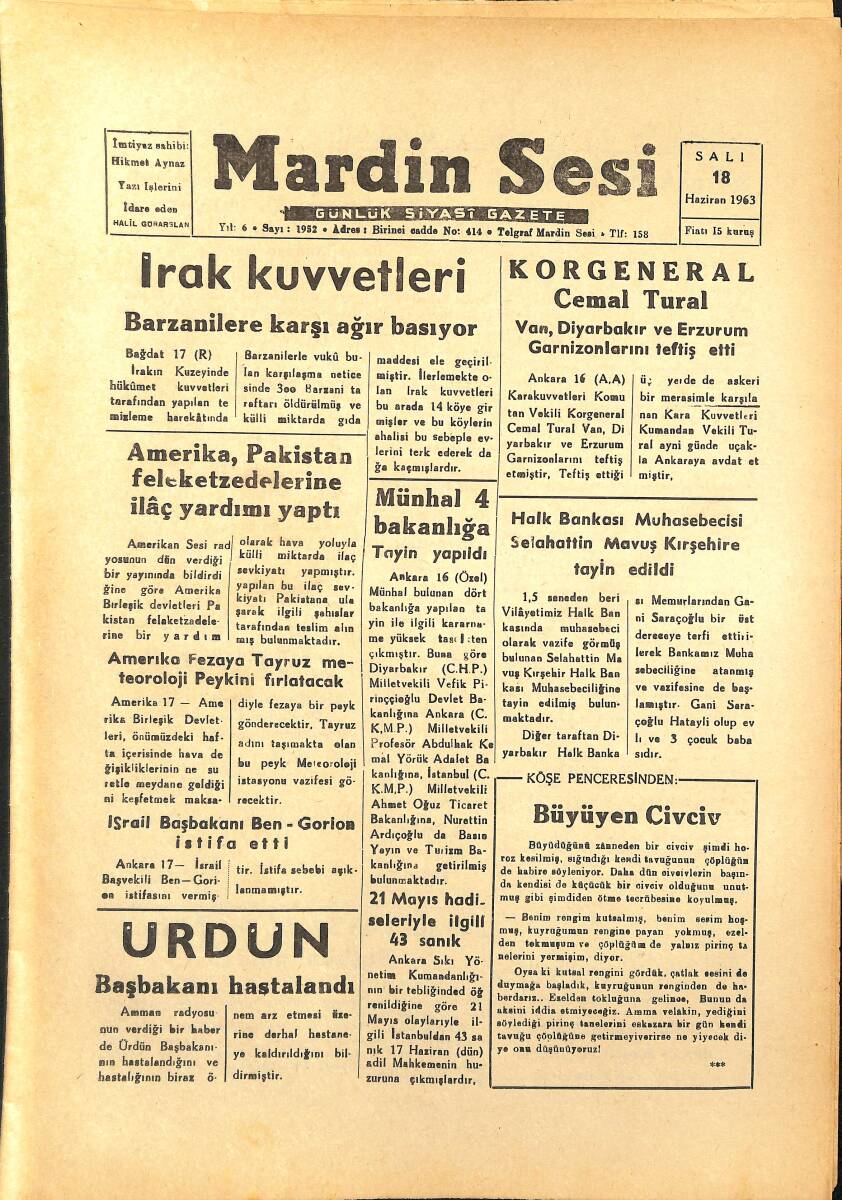 Mardin Sesi Gazetesi 18 Haziran 1963 - Galatasaray Beşiktaş Puan Puana Şampiyonluğa İlerliyorlar GZ154404 - 1