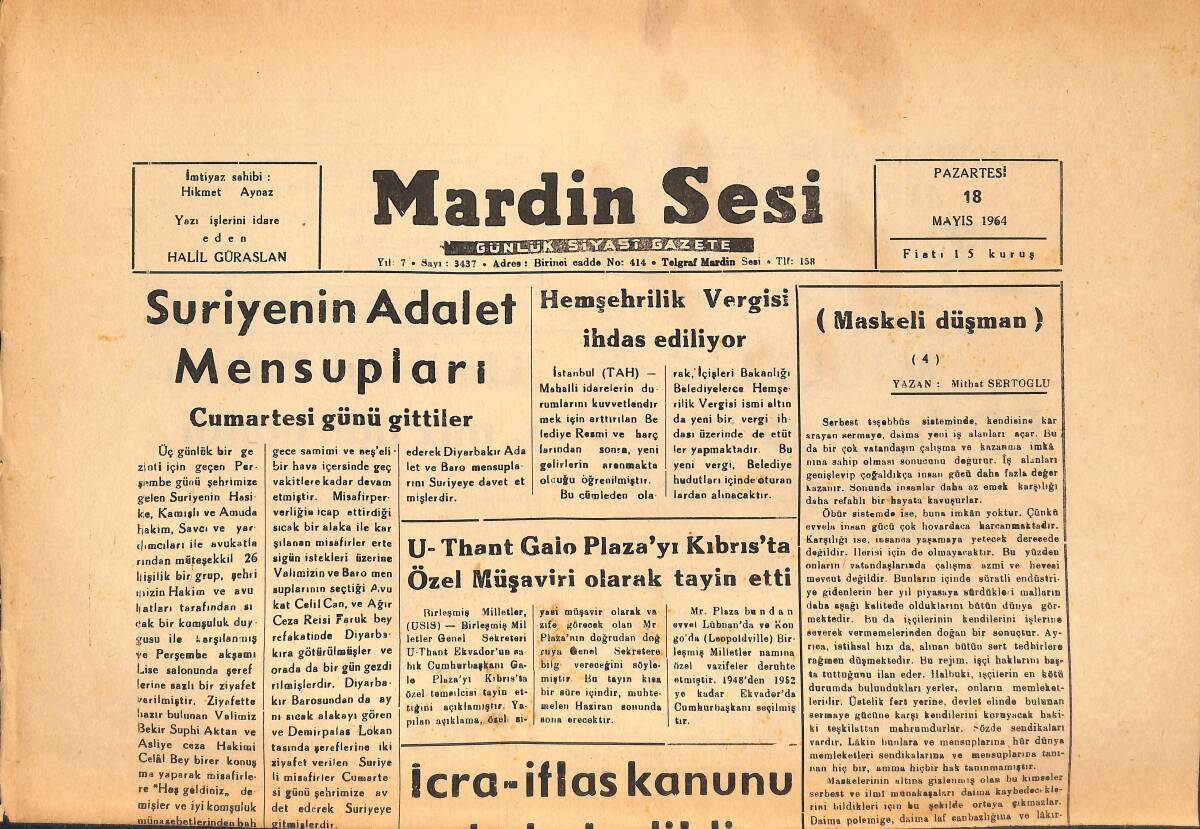 Mardin Sesi Gazetesi 18 Mayıs 1964 - Suriye'nin Adalet Mensupları - Hemşehrilik Vergisi İhdas Ediliyor GZ136583 - 1