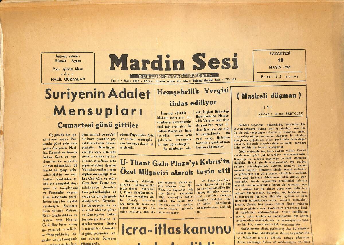 Mardin Sesi Gazetesi 18 Mayıs 1964 - Tütünlerimizle İlgili Bir Rapor - Fenerbahçe'yi Yakalamak Artık Çok Zor GZ154423 - 1