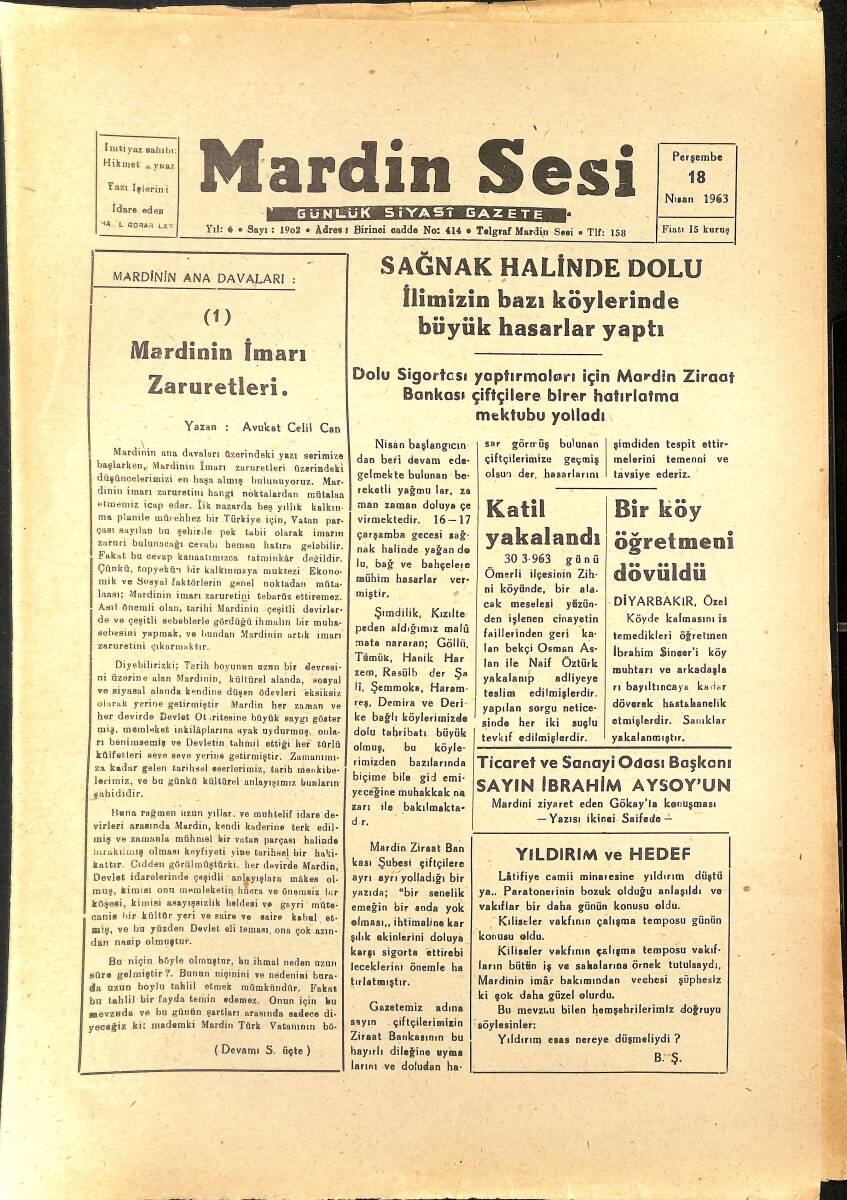 Mardin Sesi Gazetesi 18 Nisan 1963 - Mardin'in İmarı Zaruretleri GZ154053 - 1
