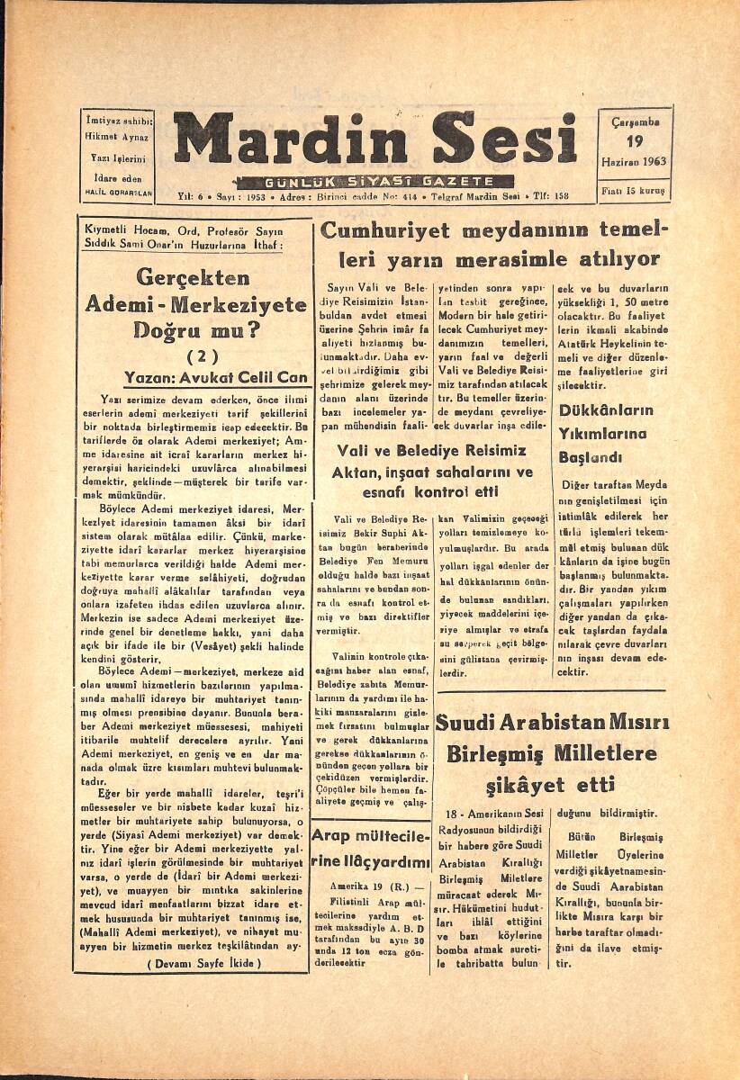 Mardin Sesi Gazetesi 19 Haziran 1963 - Suudi Arabistan Mısırı Birleşmiş Milletlere Şikayet Etti - Vergi Kanunlarımız GZ136585 - 1