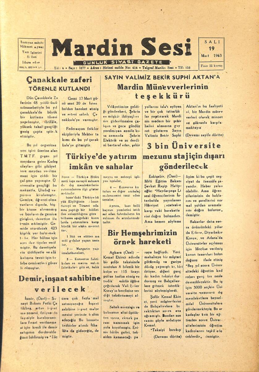 Mardin Sesi Gazetesi 19 Mart 1963 - 3 Bin Üniversite Mezunu Staj İçin Dışarı Gönderilecek GZ154069 - 1