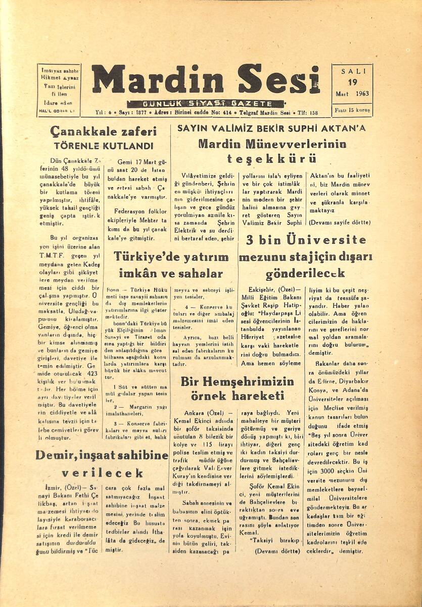 Mardin Sesi Gazetesi 19 Mart 1963 - Beşiktaş - A.Gücü Maçı Yarıda Kaldı GZ154070 - 1