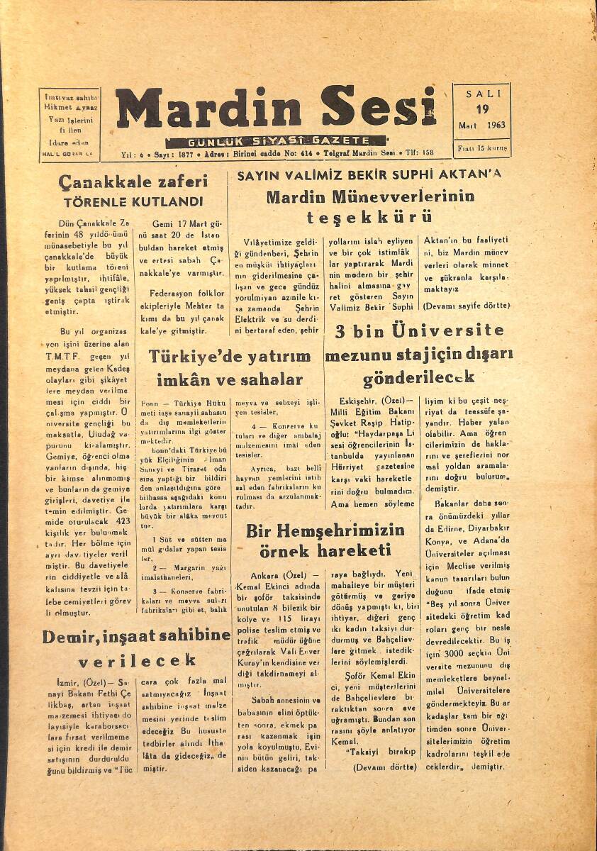 Mardin Sesi Gazetesi 19 Mart 1963 - Sayın Valimiz Bekir Suphi Aktan'a Birinci Sayifeden Devam GZ154071_Kopya(1) - 1