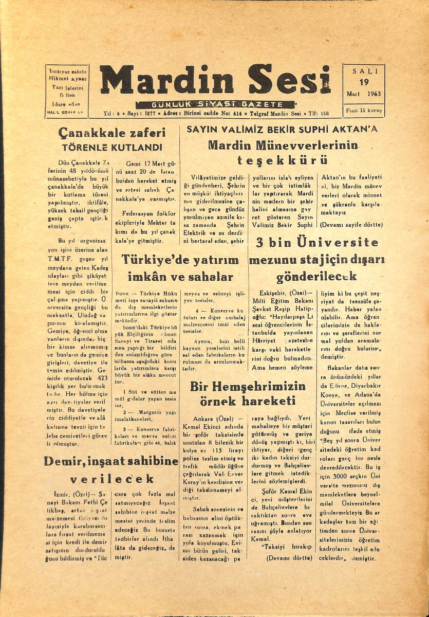 Mardin Sesi Gazetesi 19 Mart 1963 - Türkiye'de Yatırım İmkan Ve Sahalar - Çanakkale Zaferi Törenle Kutlandı GZ154068 - 1