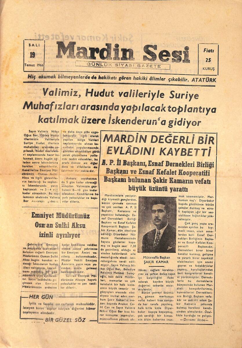 Mardin Sesi Gazetesi 19 Temmuz 1966 - Mardin Değerli Bir Evladını Kaybetti Şakir Kamar - Doğum Kontrolü Hapı Türkiye'de GZ136570 - 1