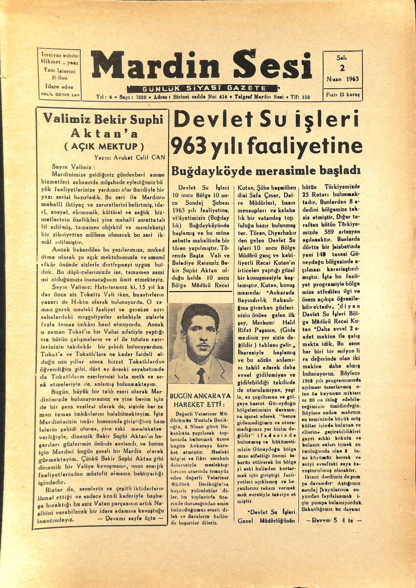 Mardin Sesi Gazetesi 2 Nisan 1963 - Devlet Su İşleri 1963 Yılı Faaliyetine Buğday Köyde Merasimle Başladı GZ154054 - 1