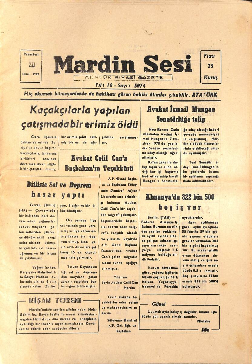 Mardin Sesi Gazetesi 20 Ekim 1969 - Mardin Birlik Seyahat Acentası Hizmete Açılmıştır - Almanya'da 822 Bin 500 Boş İş Var GZ136569 - 1