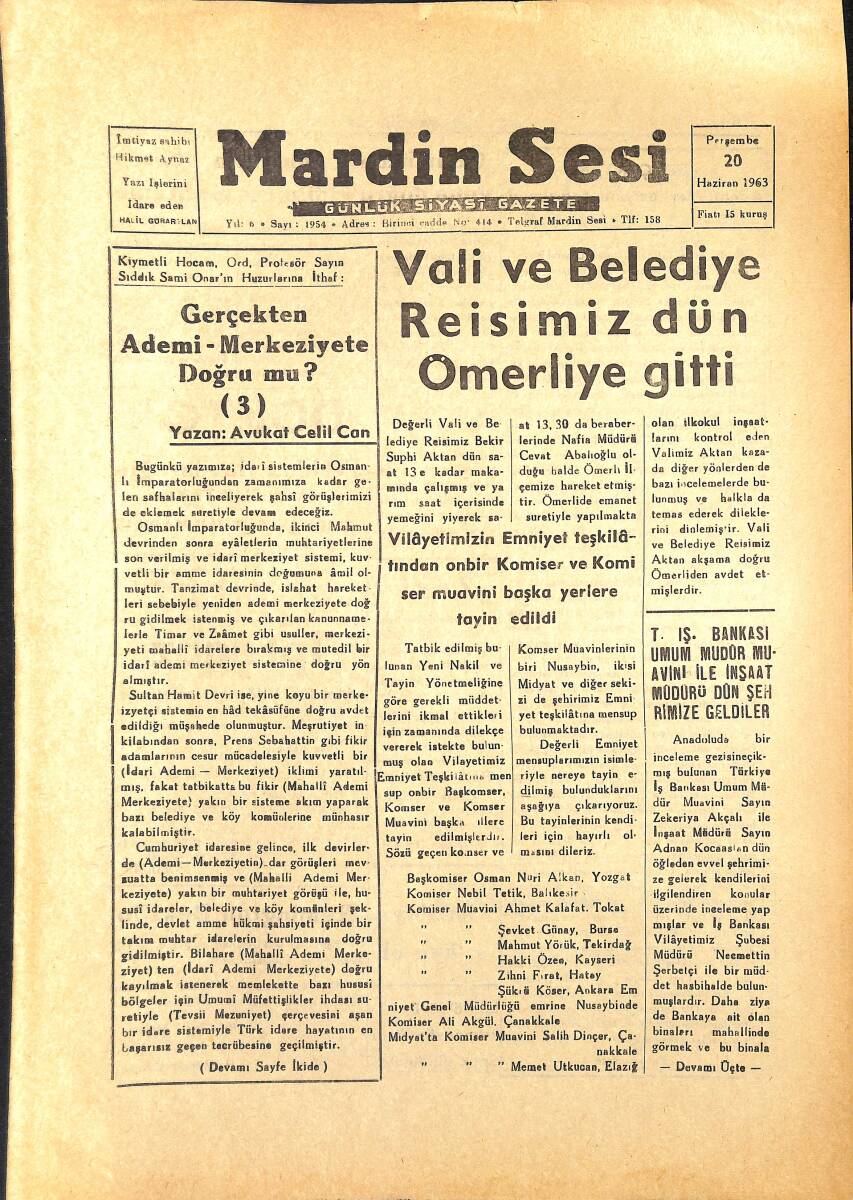 Mardin Sesi Gazetesi 20 Haziran 1963 - Vali Ve Belediye Reisimiz Dün Ömerliye Gitti GZ154051 - 1