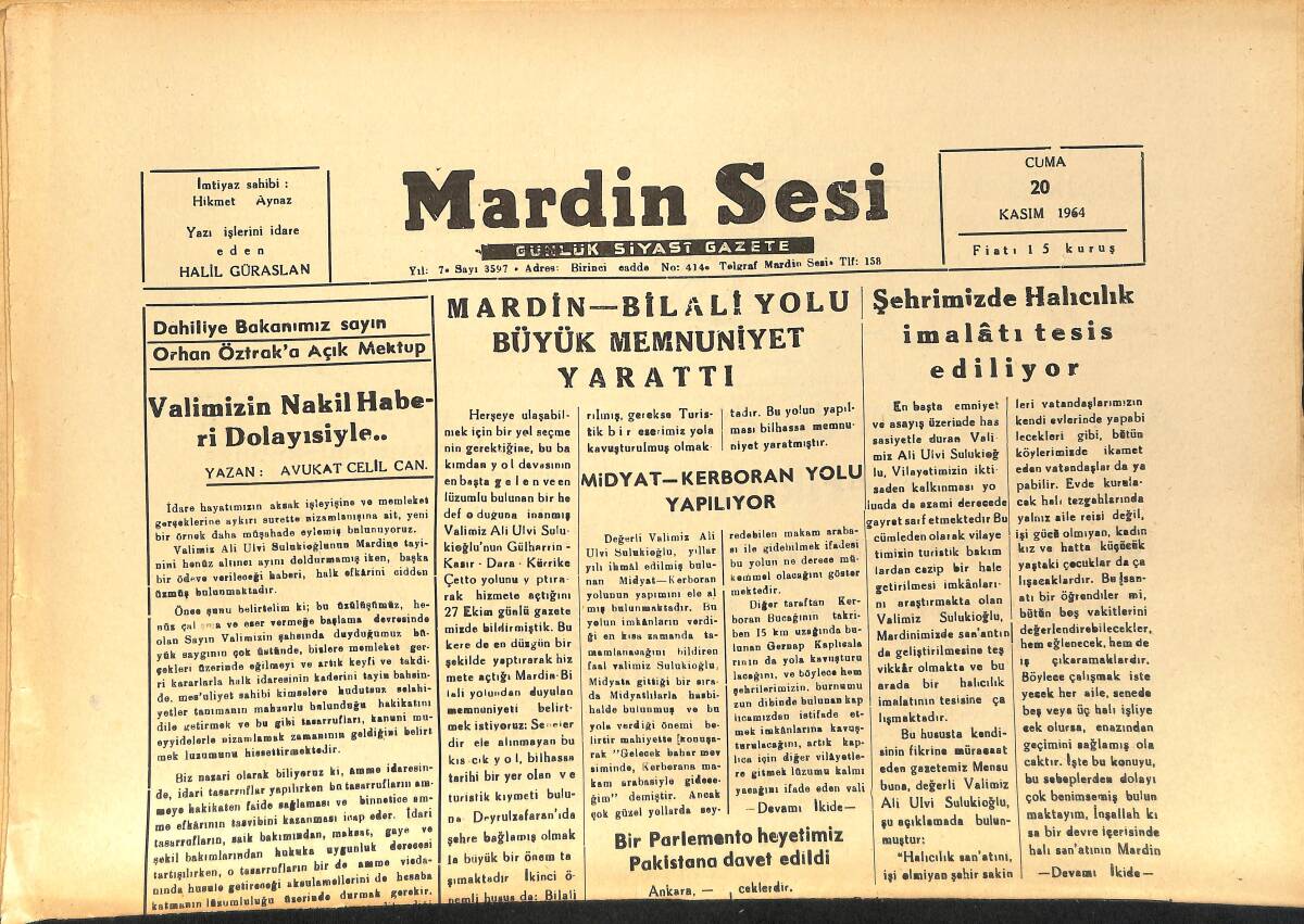 Mardin Sesi Gazetesi 20 Kasım 1964 - Mardin Bilali Yolu Büyük Memnuniyet Yarattı - Ay'a İnsan Gönderdikten Sonra Amerika'nın Merih'in Keşfi Üzerine GZ154413 - 1