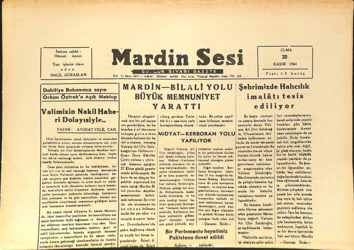 Mardin Sesi Gazetesi 20 Kasım 1964 - Mardin Bilali Yolu Büyük Memnuniyet Yarattı - Ay'a İnsan Gönderdikten Sonra Amerika'nın Merih'in Keşfi Üzerine GZ154419 - 1