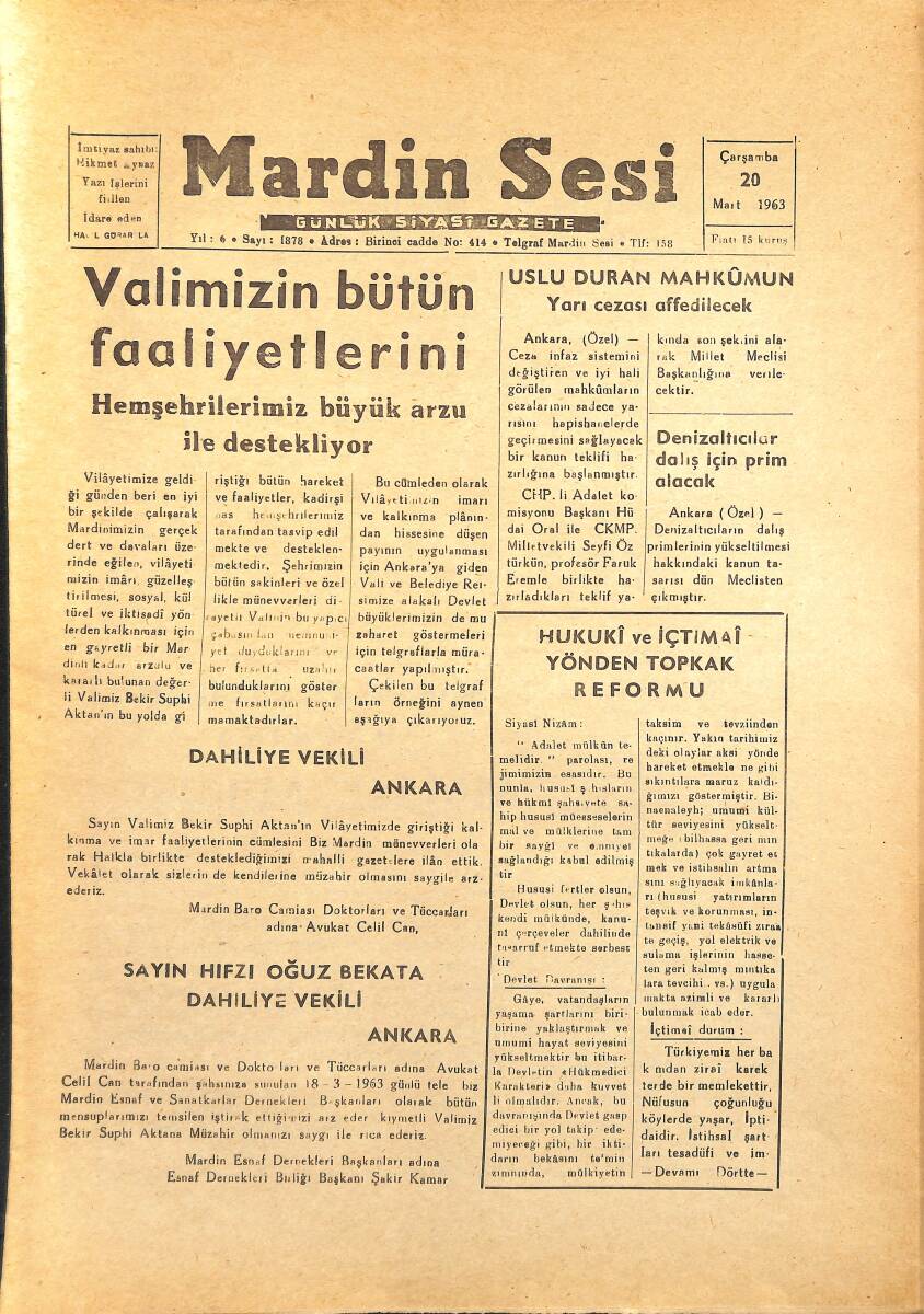Mardin Sesi Gazetesi 20 Mart 1963 - Hukuki Ve İçtimai Yönden Toprak Reformu GZ154065 - 1