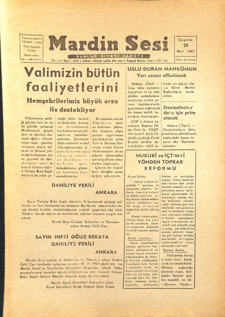 Mardin Sesi Gazetesi 20 Mart 1963 - İsrail İle Ticaret Müzakereleri GZ154066 - 1