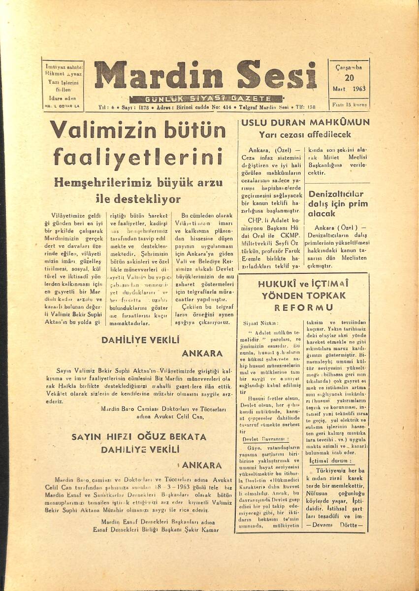 Mardin Sesi Gazetesi 20 Mart 1963 - Namzetler K.Paşa Karşısında Deneniyor GZ154064 - 1