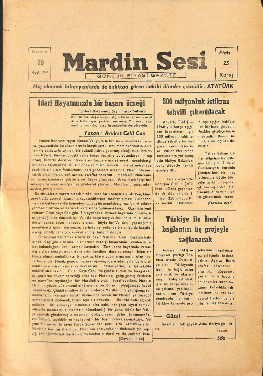 Mardin Sesi Gazetesi 20 Ocak 1969 - 500 Milyonluk İstikraz Tahvili Çıkartılacak - Türkiye İle İran'ın Bağlantısı Üç Projeyle Sağlanacak GZ136613 - 1