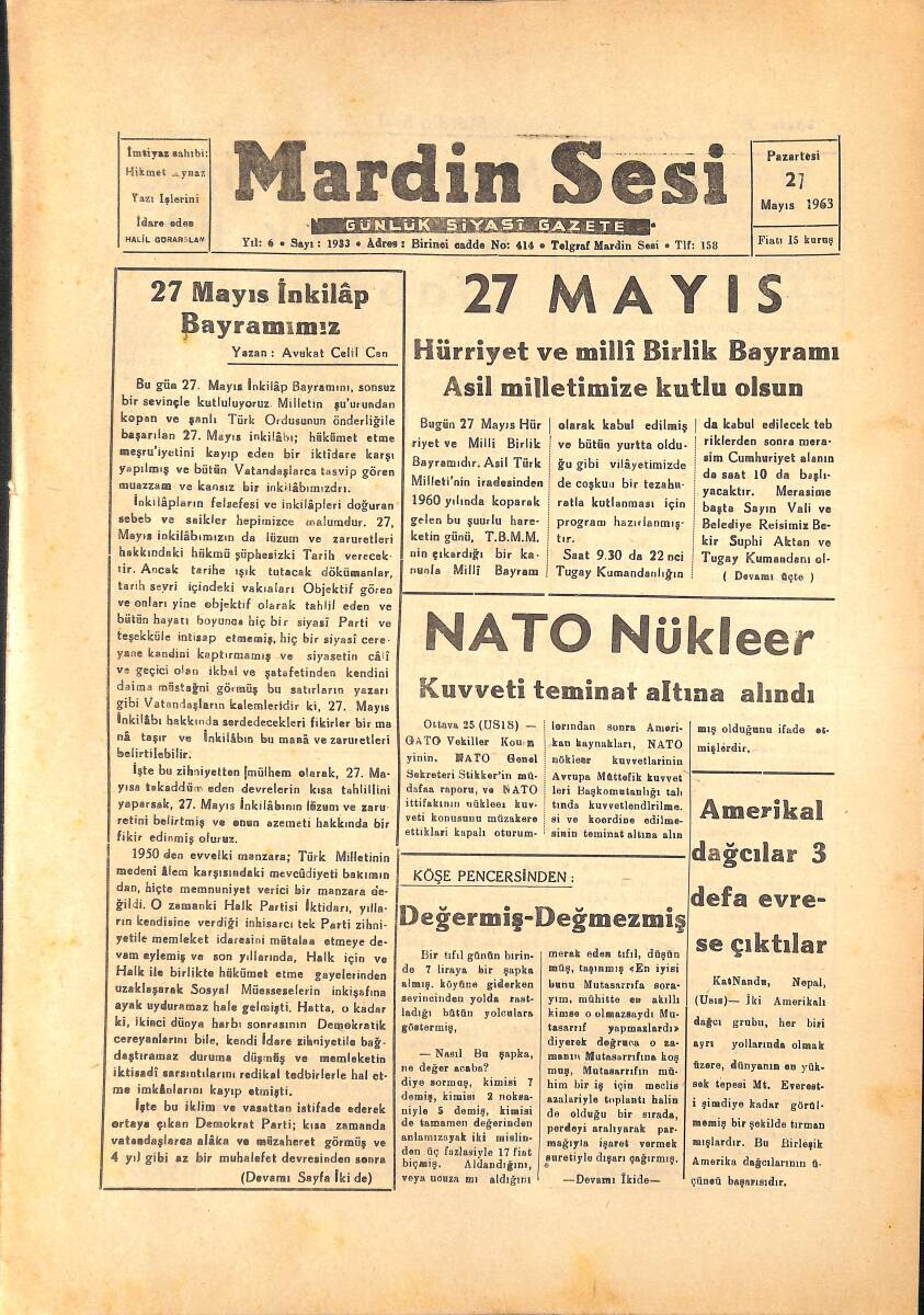 Mardin Sesi Gazetesi 21 Mayıs 1963 - Hürriyet ve Milli Birlik Bayramı Asil Milletimize Kutlu Olsun - Nato Nükleer Kuvveti Teminat Altına Aldı GZ136579 - 1