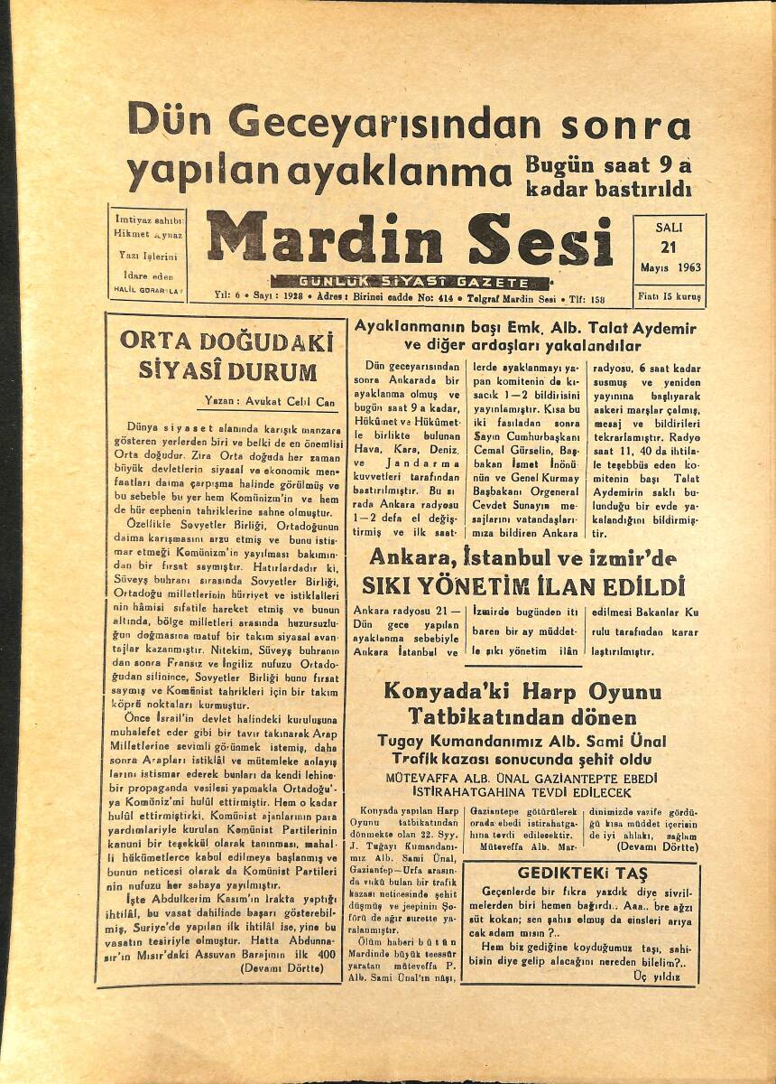 Mardin Sesi Gazetesi 21 Mayıs 1963 - Hürriyet ve Milli Birlik Bayramı Asil Milletimize Kutlu Olsun - Nato Nükleer Kuvveti Teminat Altına Aldı GZ154057 - 1