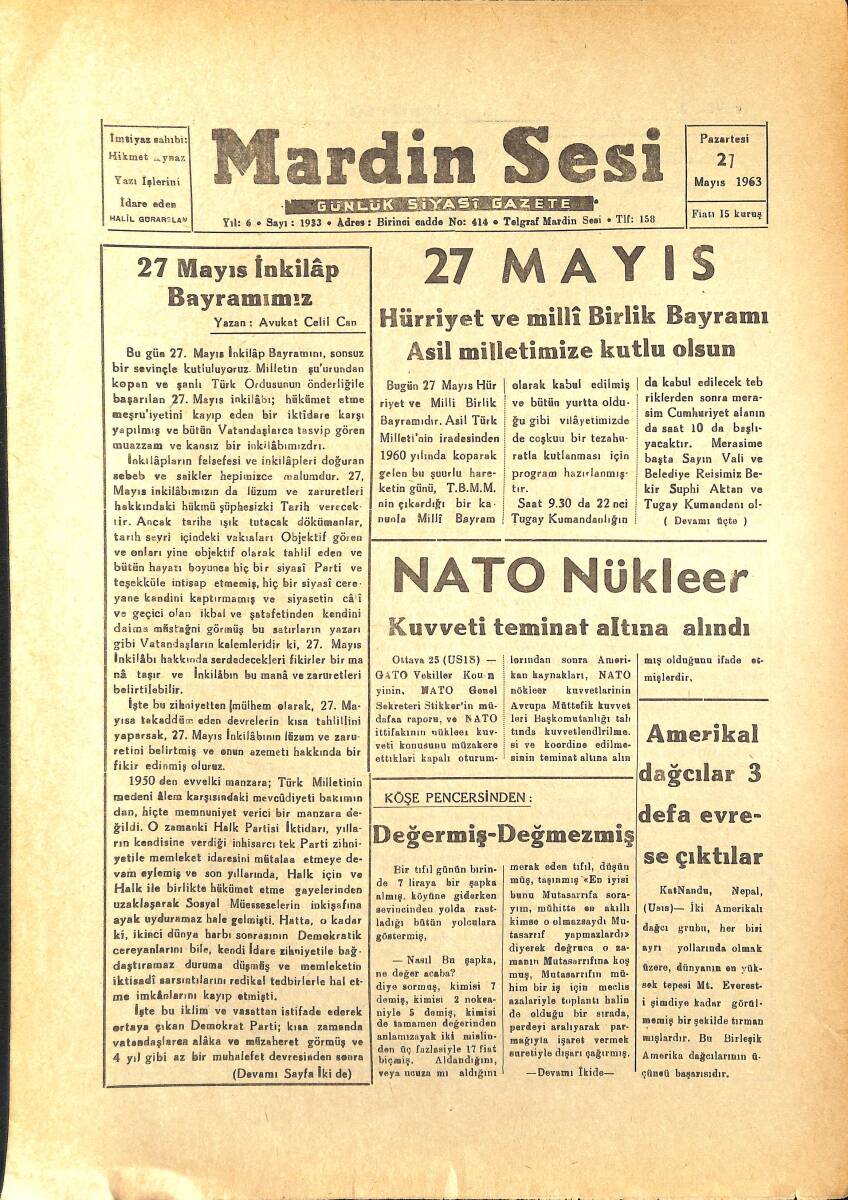 Mardin Sesi Gazetesi 21 Mayıs 1963 - Hürriyet ve Milli Birlik Bayramı Asil Milletimize Kutlu Olsun - Nato Nükleer Kuvveti Teminat Altına Aldı GZ154060 - 1