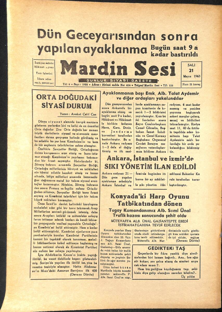 Mardin Sesi Gazetesi 21 Mayıs 1963 - Orta Doğudaki Siyasi Durum - Ankara, İzmir Ve İstanbul'da Sıkı Yönetim İlan Edildi GZ136603 - 1