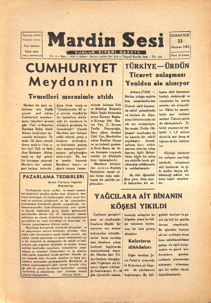 Mardin Sesi Gazetesi 22 Haziran 1963 - Cumhuriyet Meydanı'nın Temelleri Merasimle Atıldı - Kırkpınar Güreşleri Başladı GZ136575 - 1