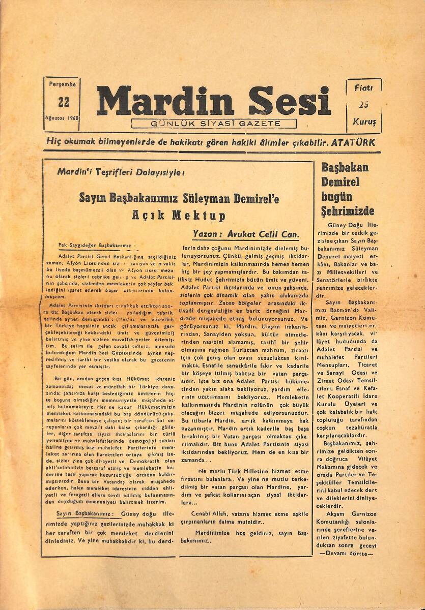 Mardin Sesi Gazetesi 22 Temmuz 1968 - Sayın Başkanımız Süleyman Demirel'e Açık Mektup - Galatasaray Fenerbahçe İle Karşılaşıyor GZ136571 - 1